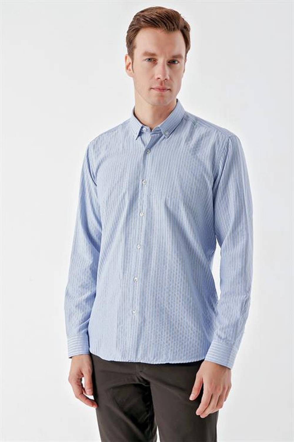 Morven Men's Blue Trend Striped Pattern Button Collar Regular Fit Shirt