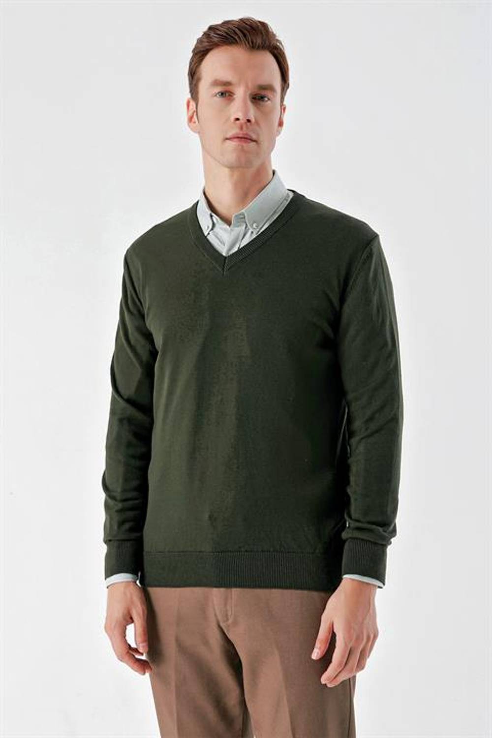 Чоловічий светр Хакі з V-подібним вирізом, динамічний крій, зручний, 50% бавовна, 50% акрил, довгий рукав, розміри XL-3XL-L-M