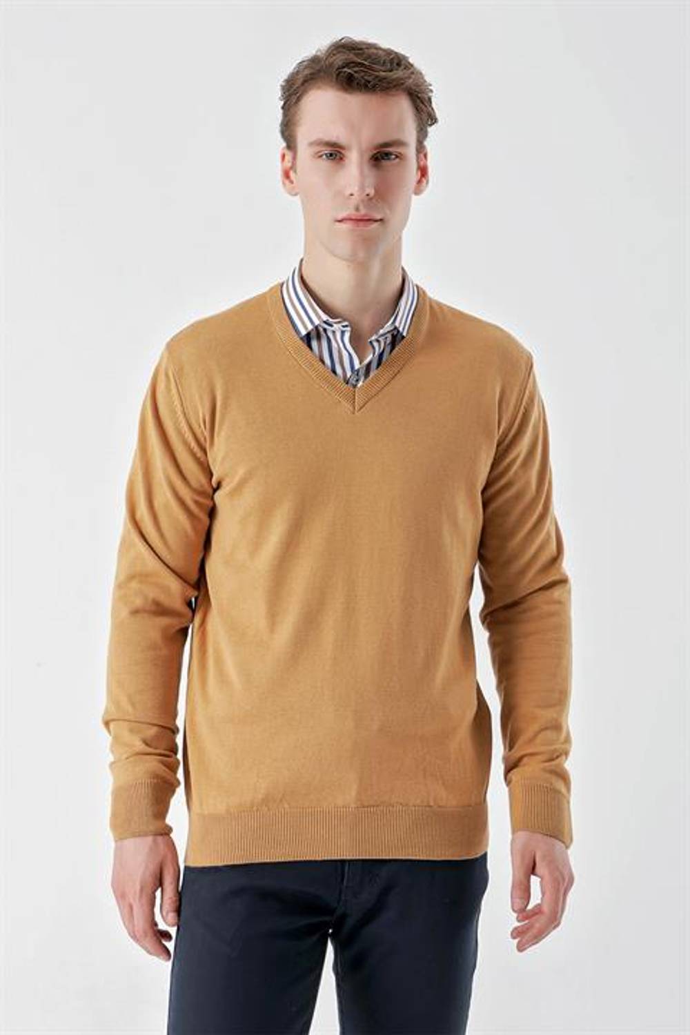 Morven Men's Camel Basic V-Neck Dynamic Fit Comfortable Cut Knitwear