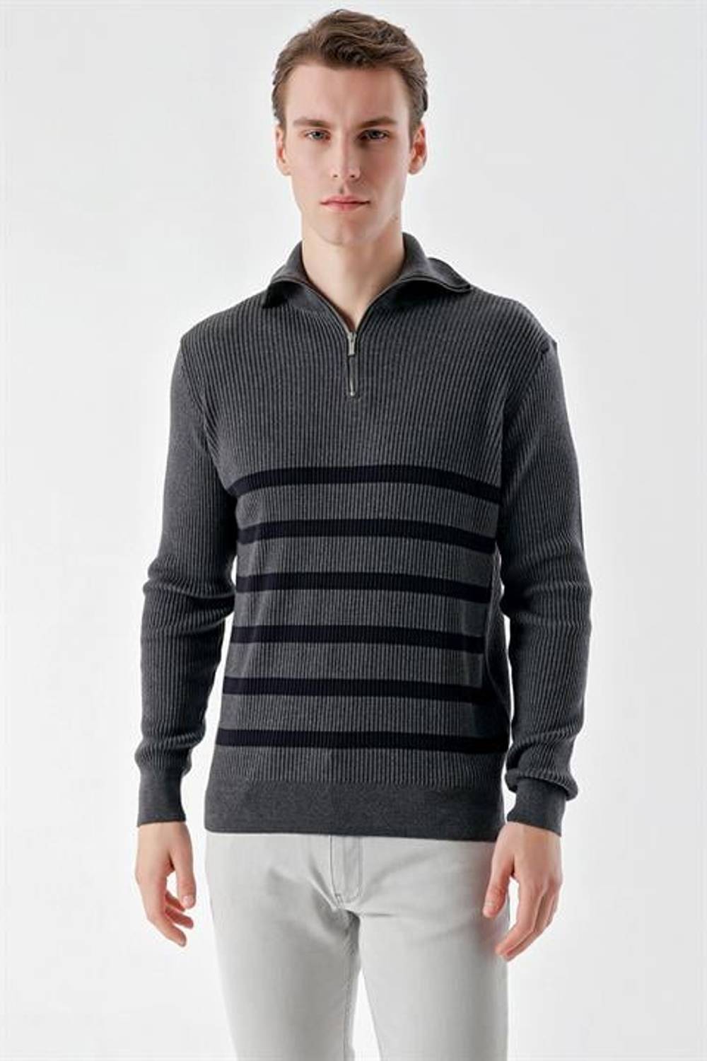 Morven Men's Anthracite Trend Striped Zipper Stand Collar Dynamic Fit Comfortable Cut Knitwear