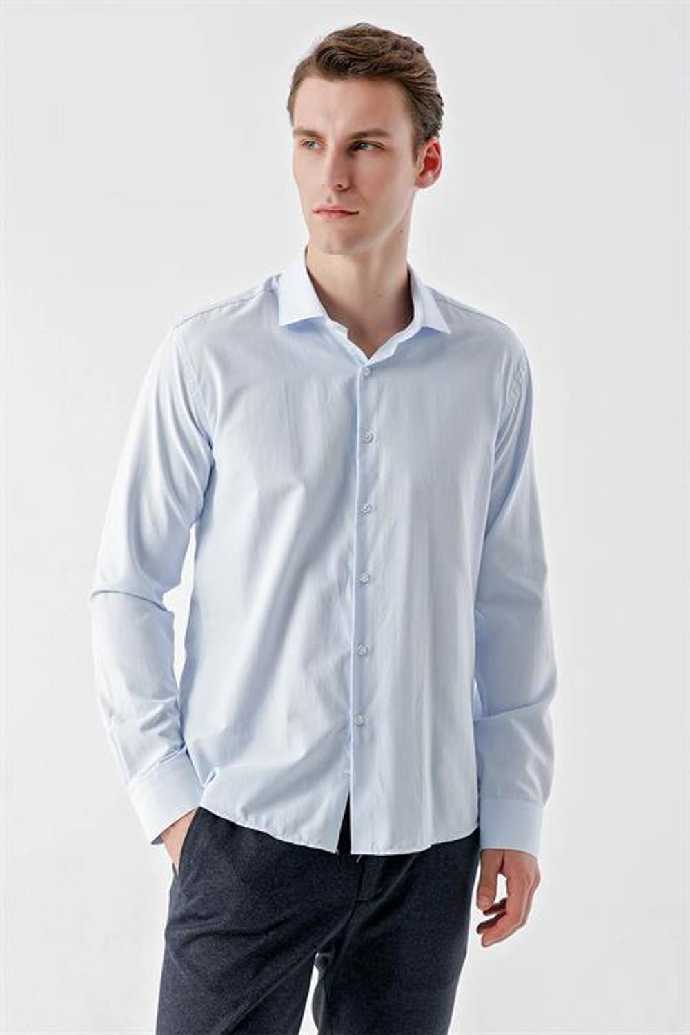 Morven Men's A. BLUE Trend Printed Patterned Italian Collar Slim Fit Shirt