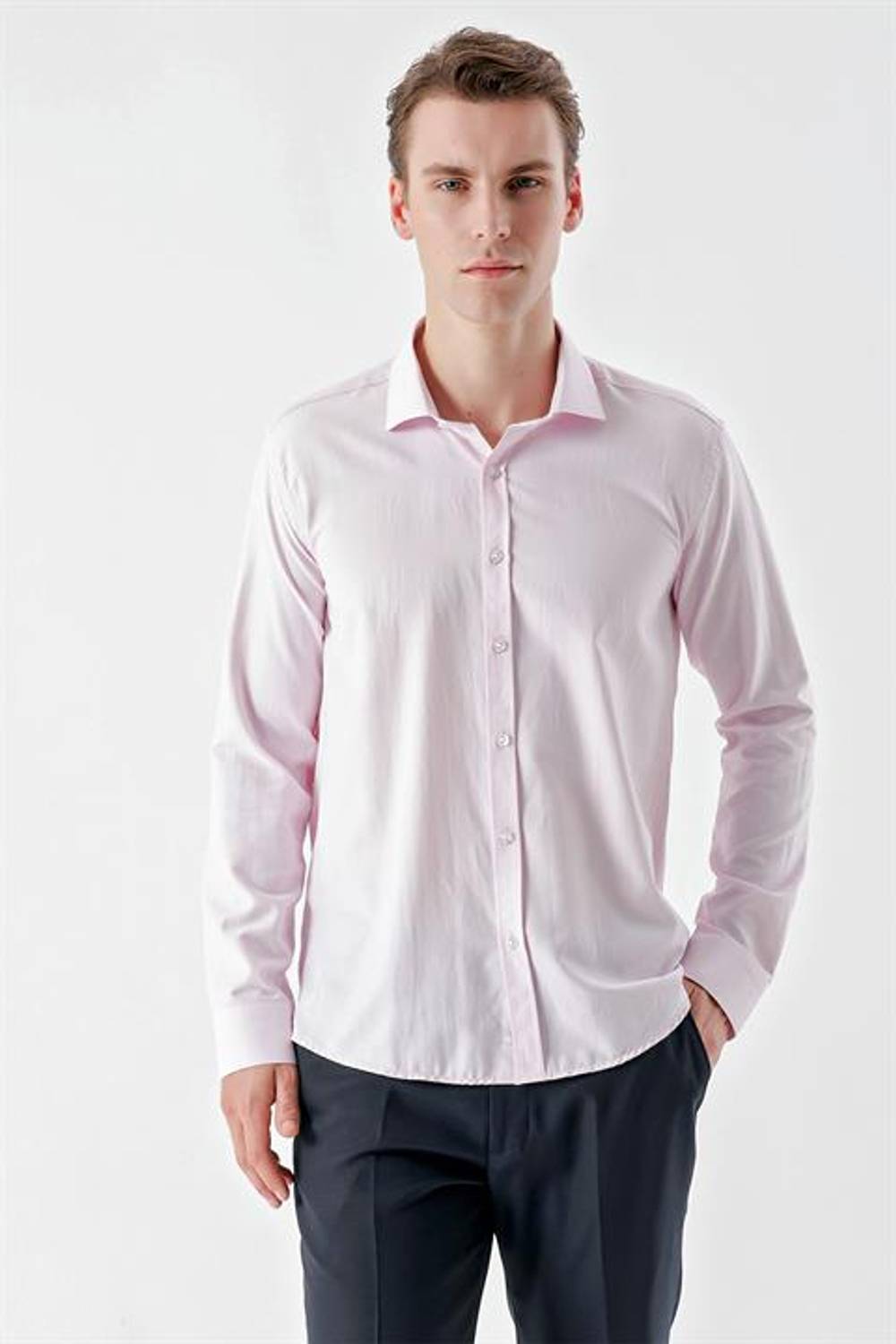 Morven Men's Pink Trend Jacquard Pattern Italian Collar Slim Fit Shirt