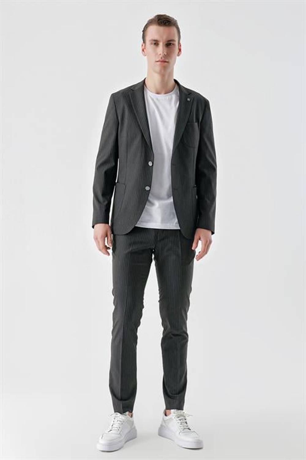 Morven Men's Navy Blue Polyviscon Trend Striped Pattern Slim Fit Mono Collar Suit