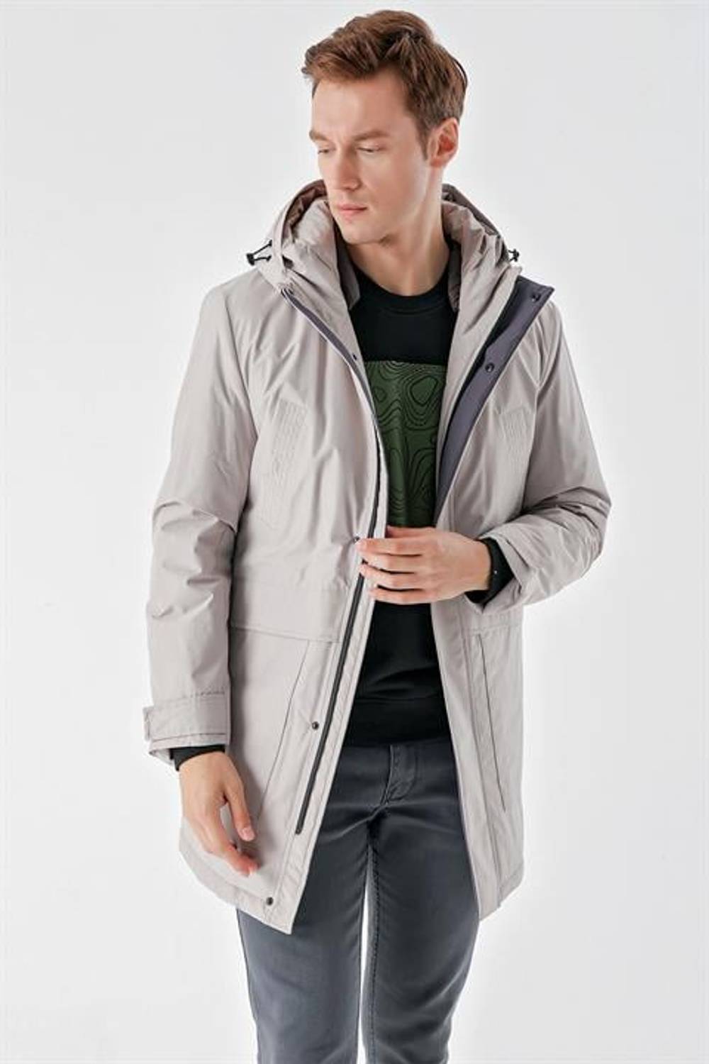 Morven Men's Stone Polyester Snap-Up Hooded Coat