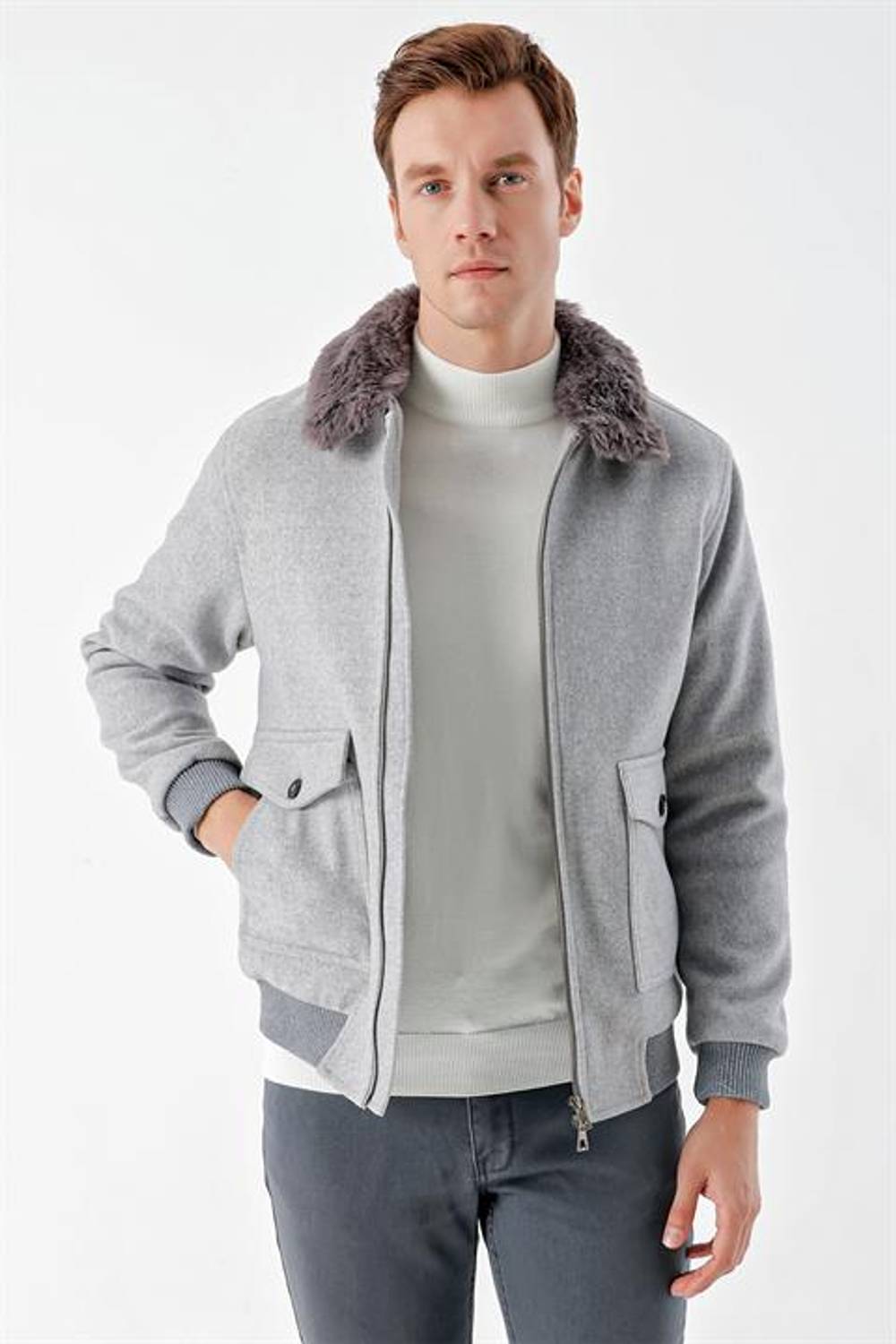 Куртка Morven мужская светло-серая с короткой молнией и меховым воротником, динамичная посадка, 100% polyester, длинный рукав