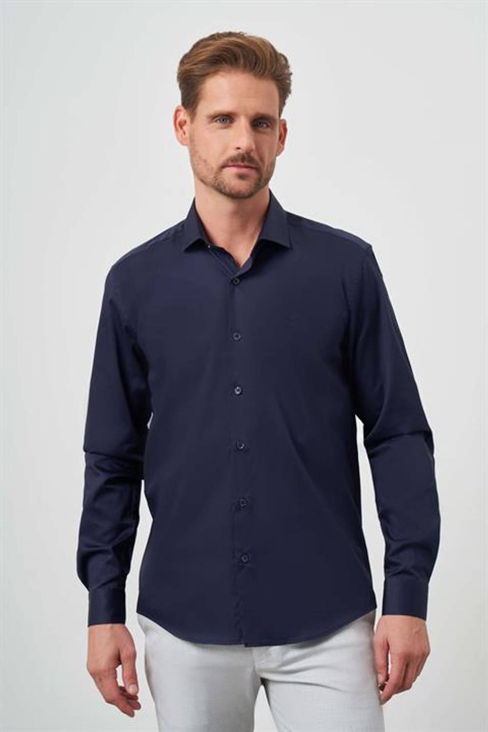 Morven Erkek Lacivert Pamuk Düz Desen İtalyan Yaka Slim Fit Gömlek