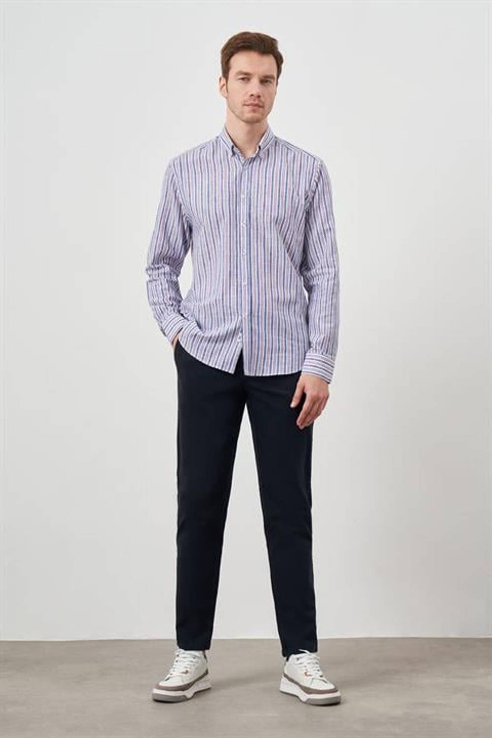 Morven Erkek Bordo Keten Panolu Düğmeli Yaka Regular Fit Gömlek