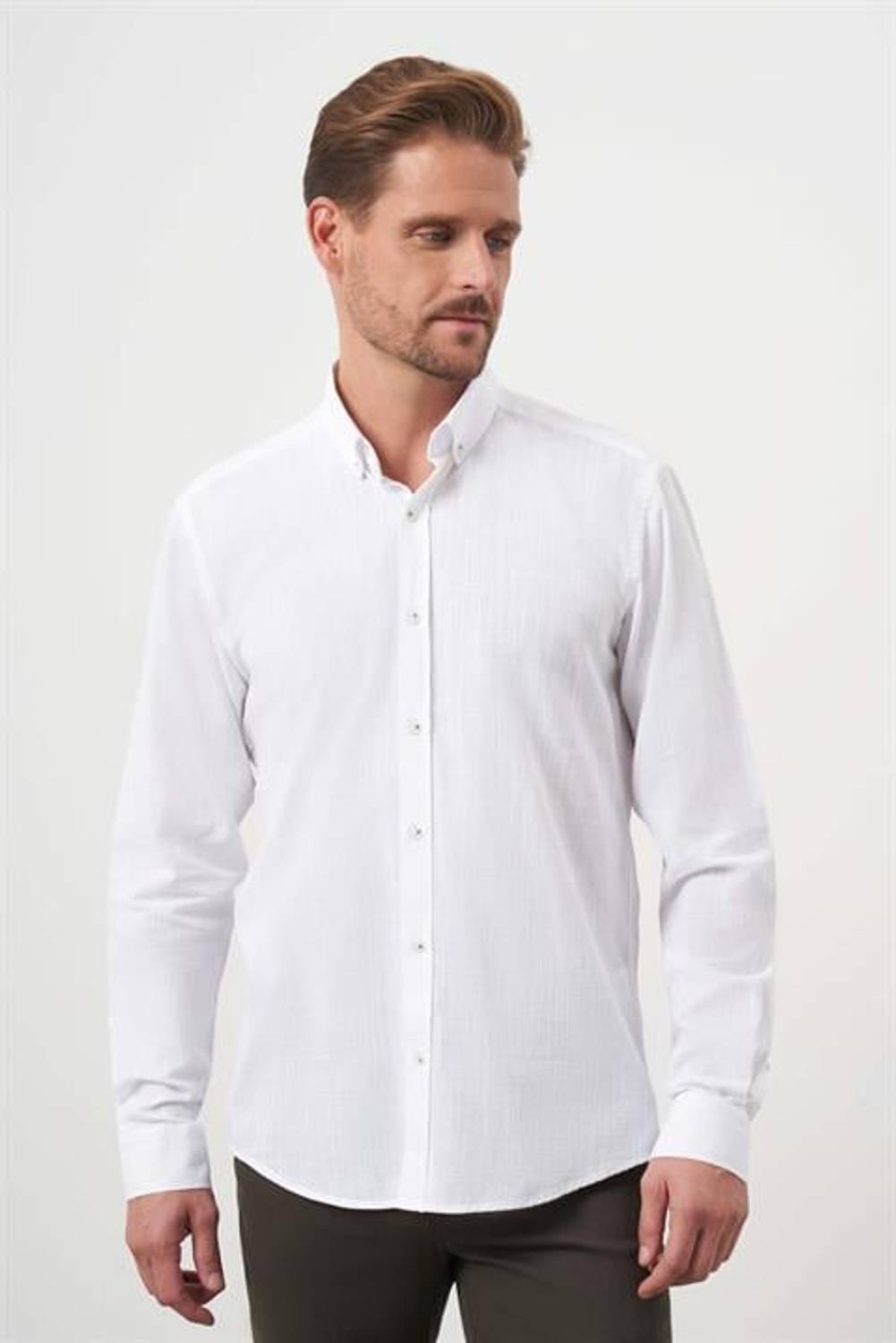 Morven Erkek Beyaz Pamuk Ekoseli Düğmeli Yaka Slim Fit Gömlek