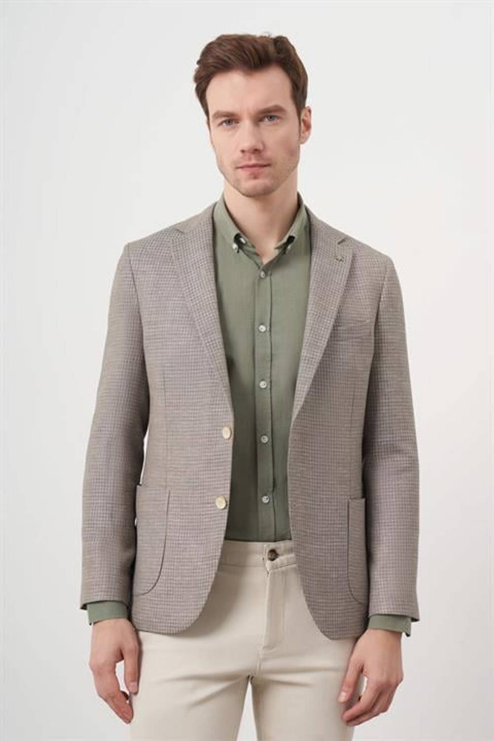 Чоловічий темно-зелений спортивний піджак slim fit з кишенями, моно- комір, без підкладки, %46 поліестер, %29 льон, %24 віскоза