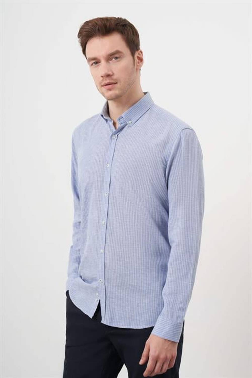 Morven Erkek A. MAVİ Keten Çizgili Düğmeli Yaka Regular Fit Gömlek