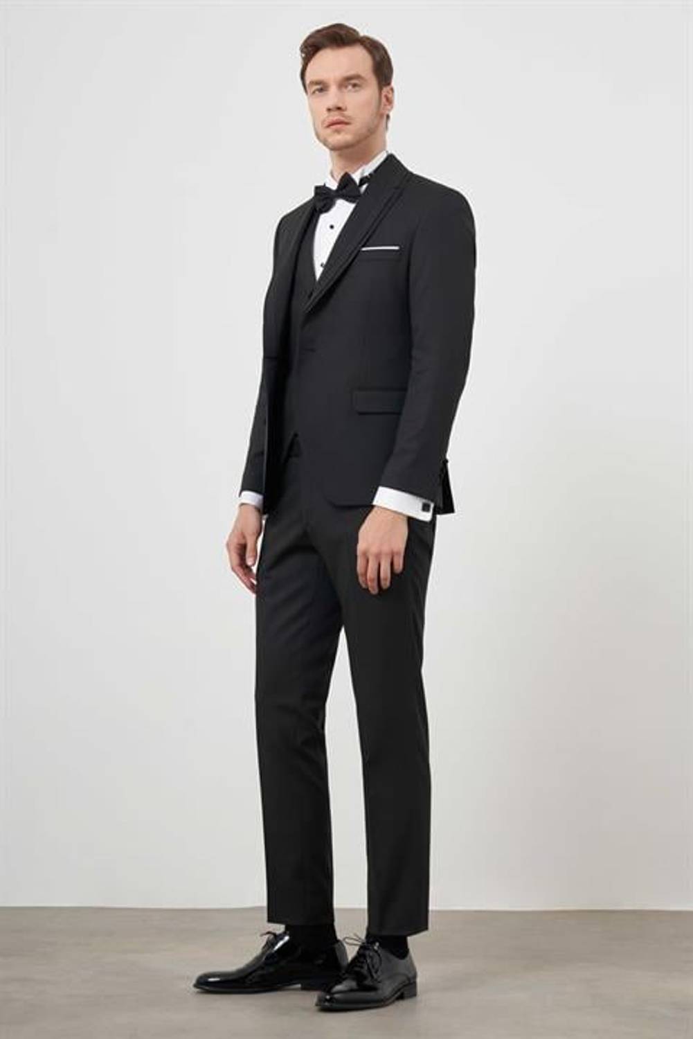 Morven Erkek Siyah Poliviskon Ceromonia Jakar Desen Slim Fit Şal Çıkma Yaka Damatlık