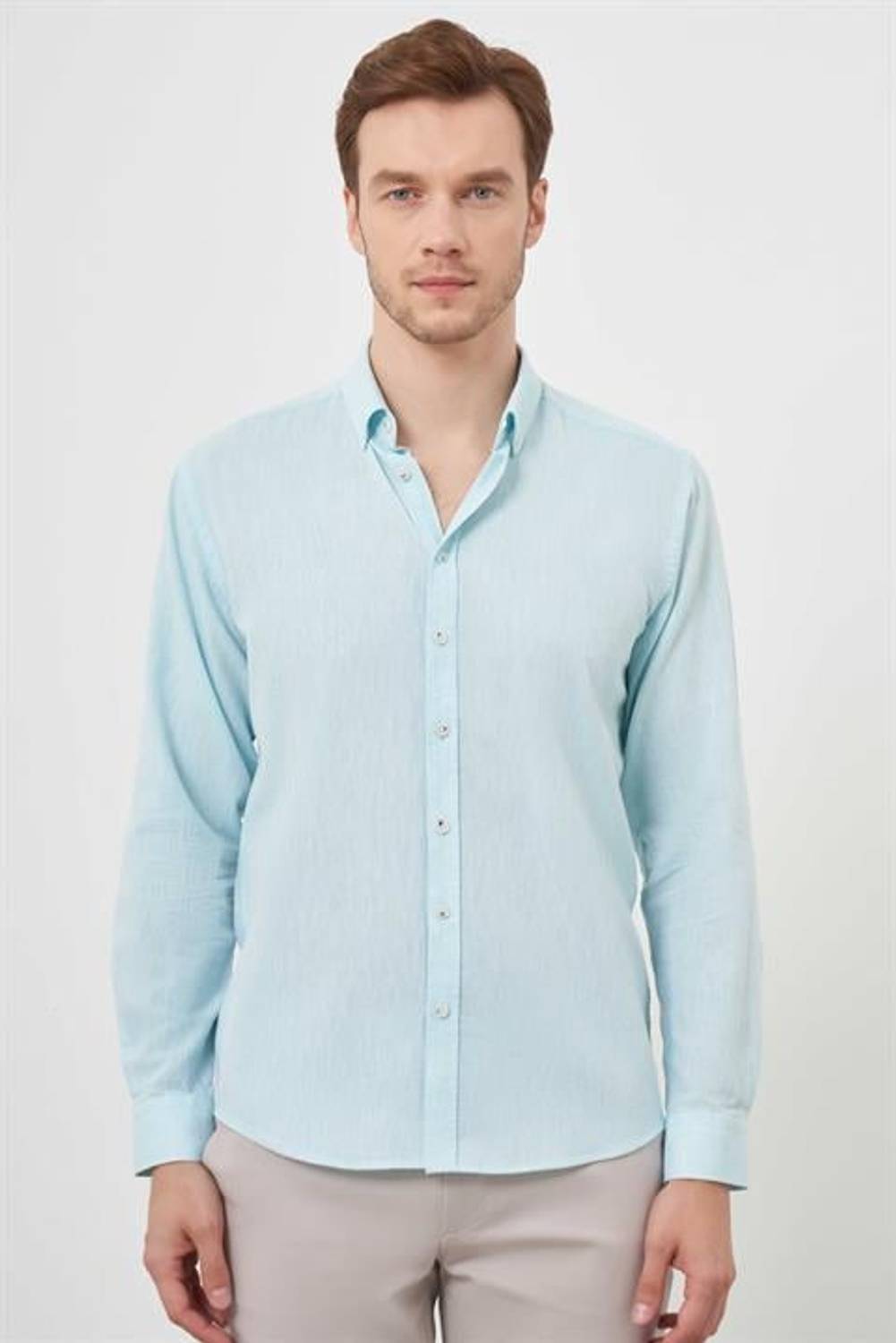 Morven Erkek Su Yeşili Keten Düz Desen Düğmeli Yaka Slim Fit Gömlek