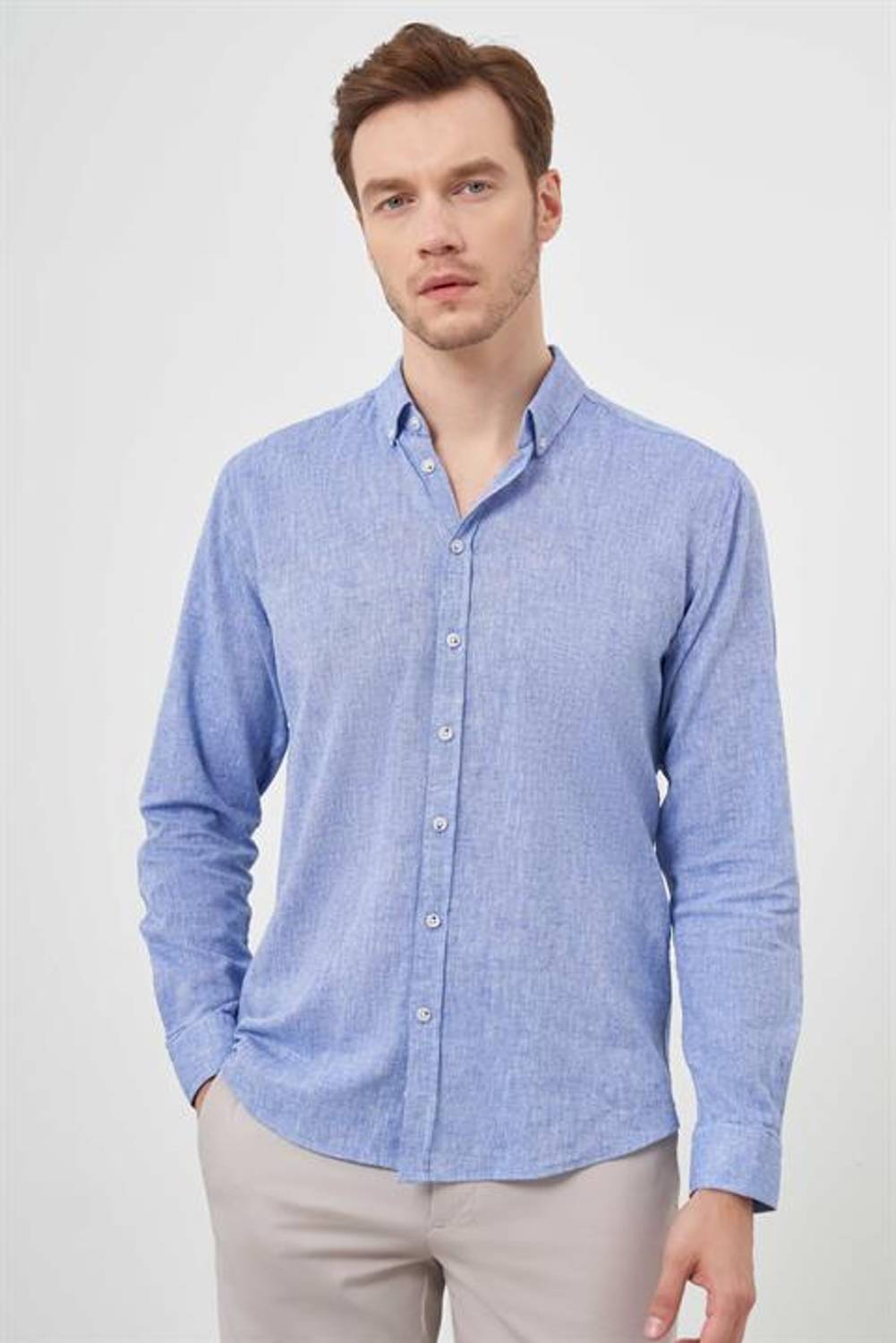 Morven Erkek Lacivert Keten Düz Desen Düğmeli Yaka Slim Fit Gömlek