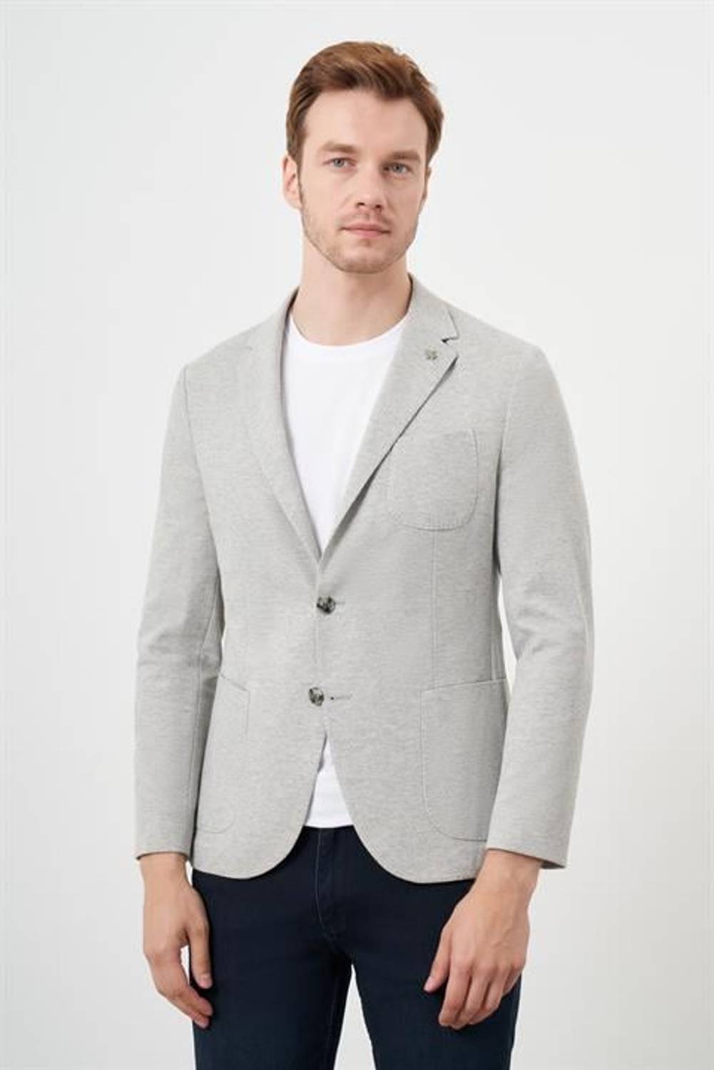 Чоловічий сірий в'язаний спортивний жакет Slim Fit з кишенями та однораменним коміром