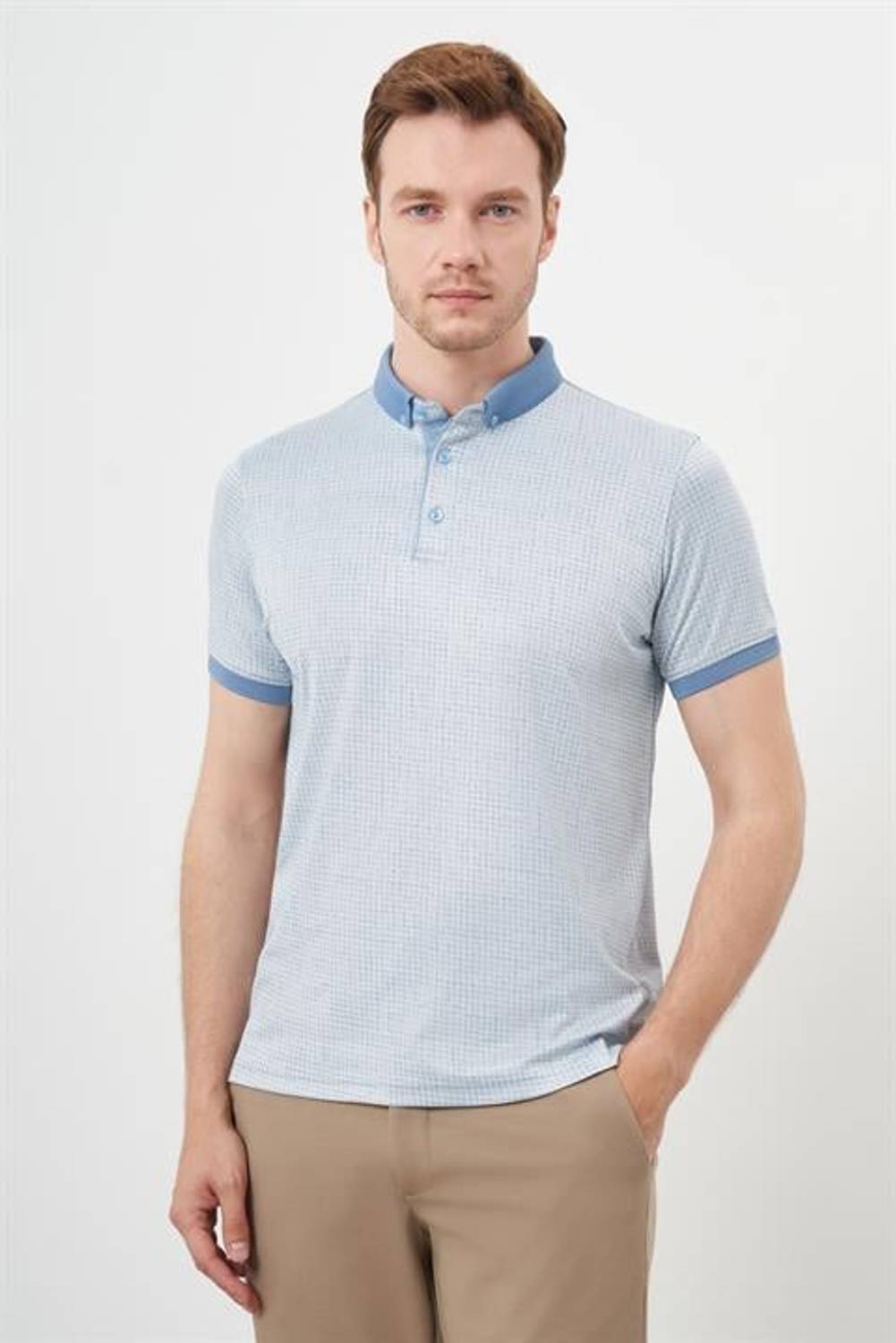Men's Dynamic Fit Polo Shirt with Jacquard Pattern, Button Closure, Short Sleeve, Light Blue, 55% Cotton, 45% Polyester, Available in Multiple Sizes