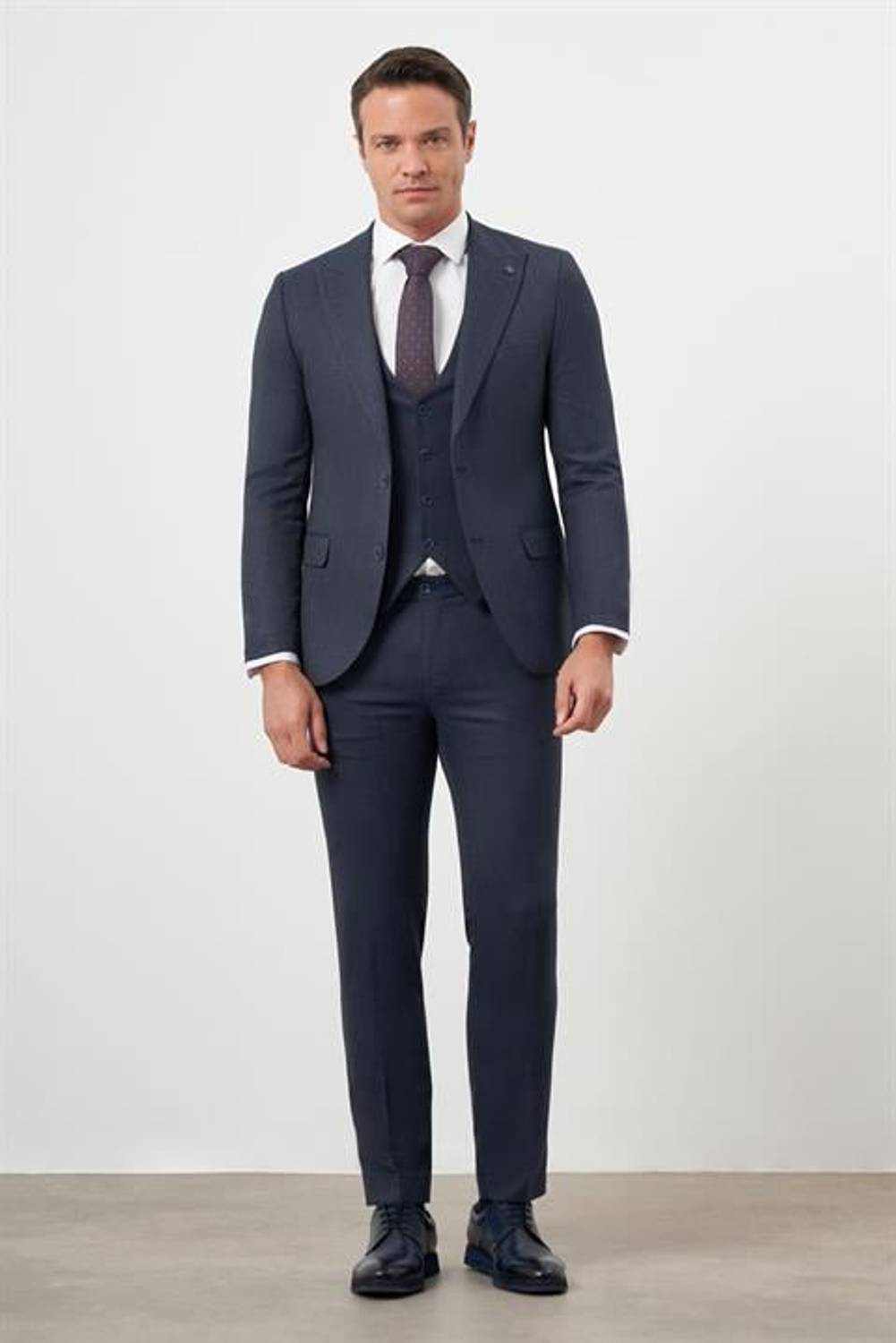 Morven Erkek Lacivert Poliviskon Trend Yelekli Desenli Slim Fit Sivri Yaka Takım Elbise