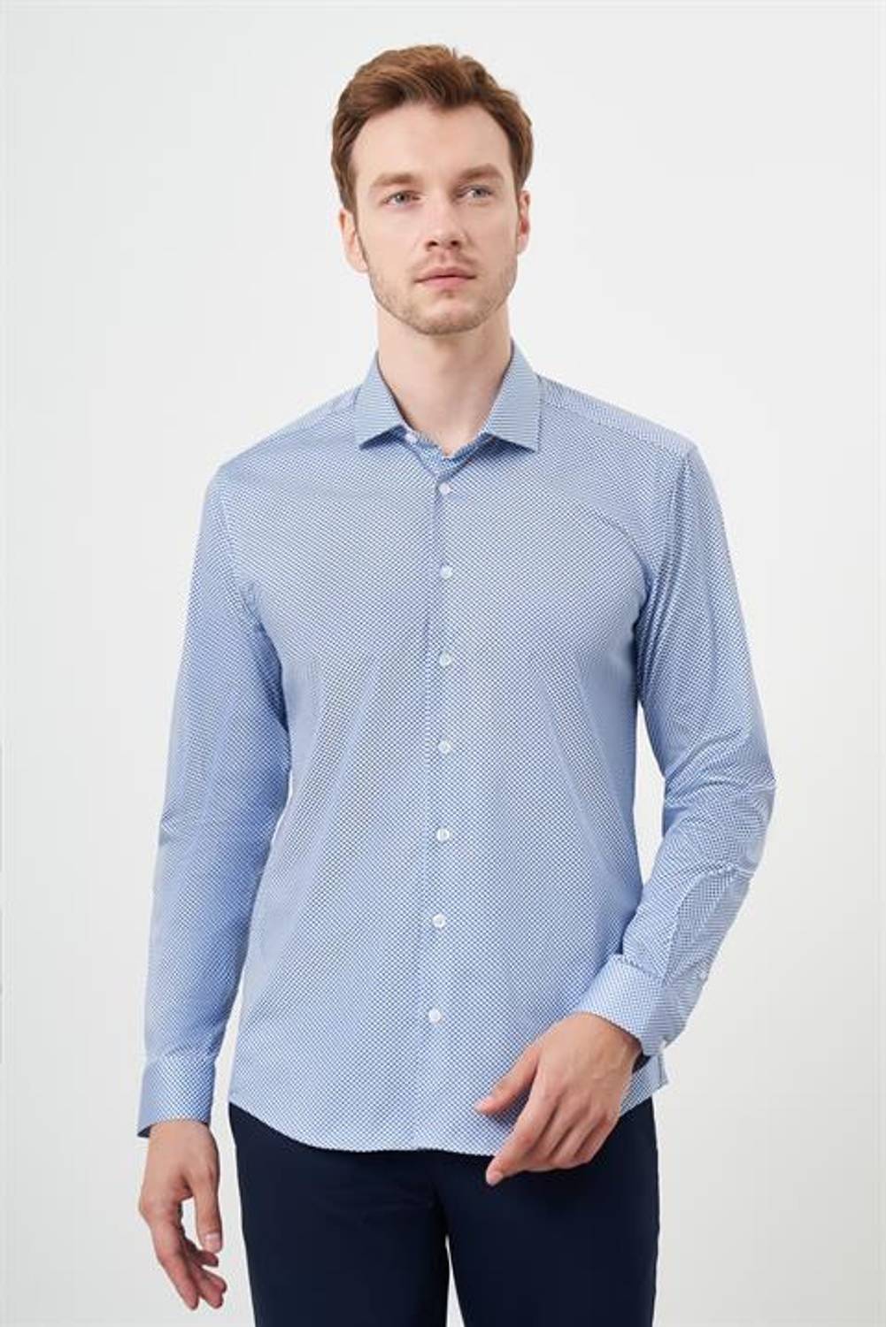 Morven Erkek Mavi Pamuk Baskılı Desenli  İtalyan Yaka Slim Fit Gömlek