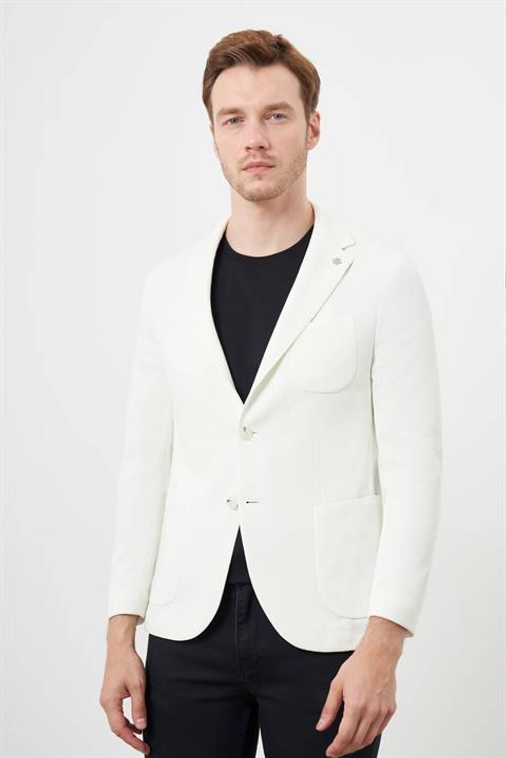 Morven Erkek Beyaz Örme Slim Fit Torba Cep Mono Yaka Spor Ceket