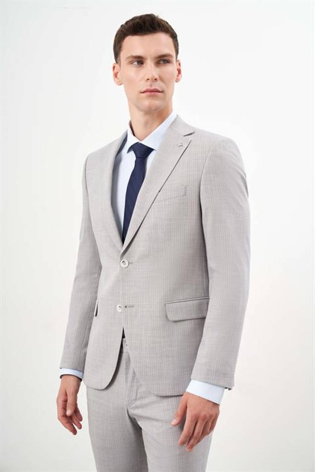 Morven Erkek A. MAVİ Poliviskon Trend Çizgili Desen Slim Fit Mono Yaka Takım Elbise