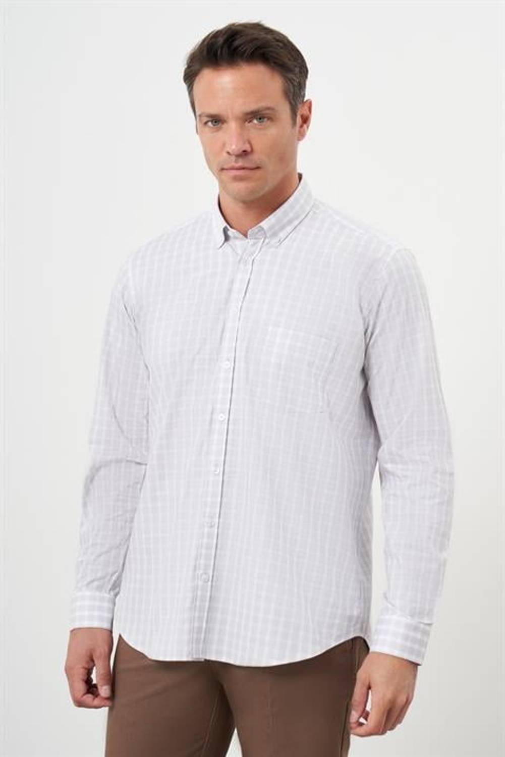 Morven Erkek AÇIK KAHVE Pamuk Cepli Ekoseli Düğmeli Yaka Regular Fit Gömlek