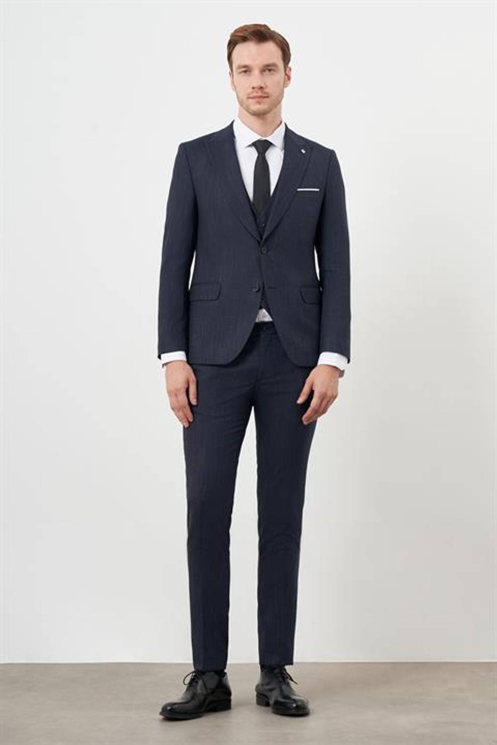 Morven Erkek Lacivert Poliviskon Trend Yelekli Desenli Slim Fit Sivri Yaka Takım Elbise