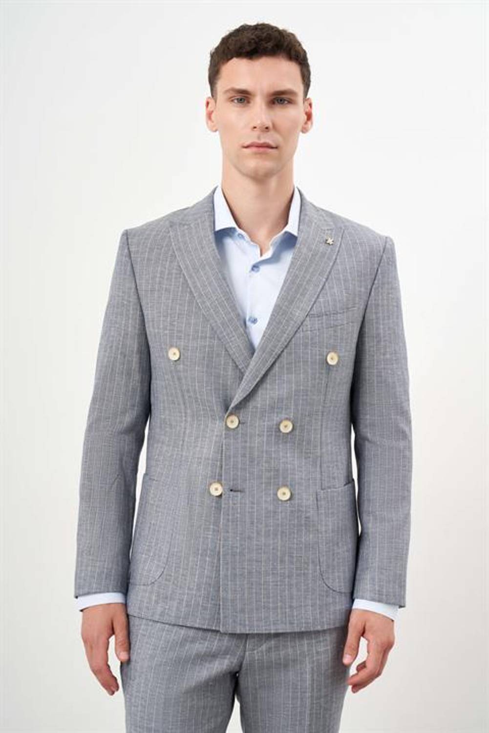 بدلة رجالية كتان داكنة زرقاء قصّة ضيقة كروفاز مع ياقة مدببة