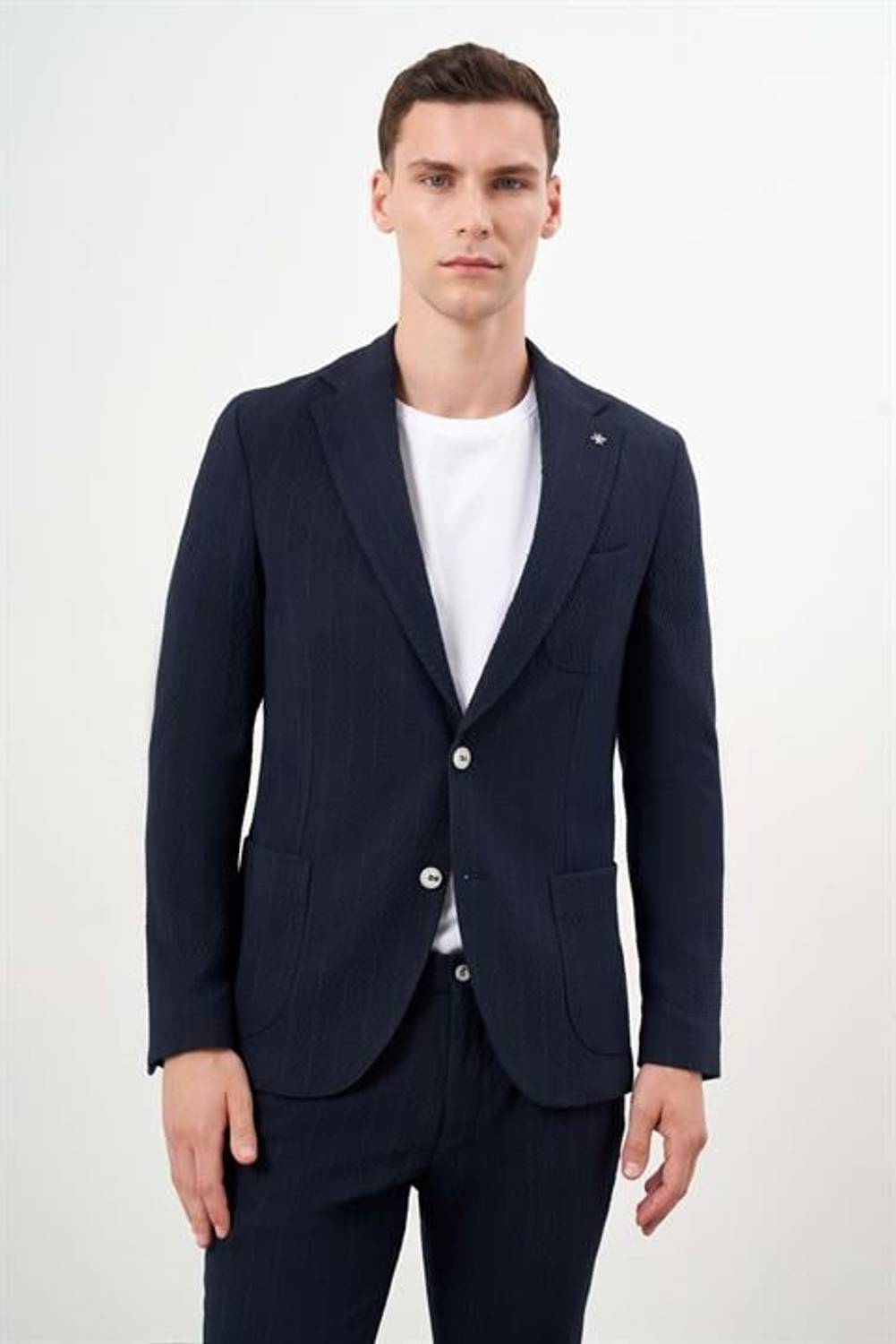 Morven Erkek Lacivert Poliviskon Trend Çizgili Desen Slim Fit Mono Yaka Takım Elbise