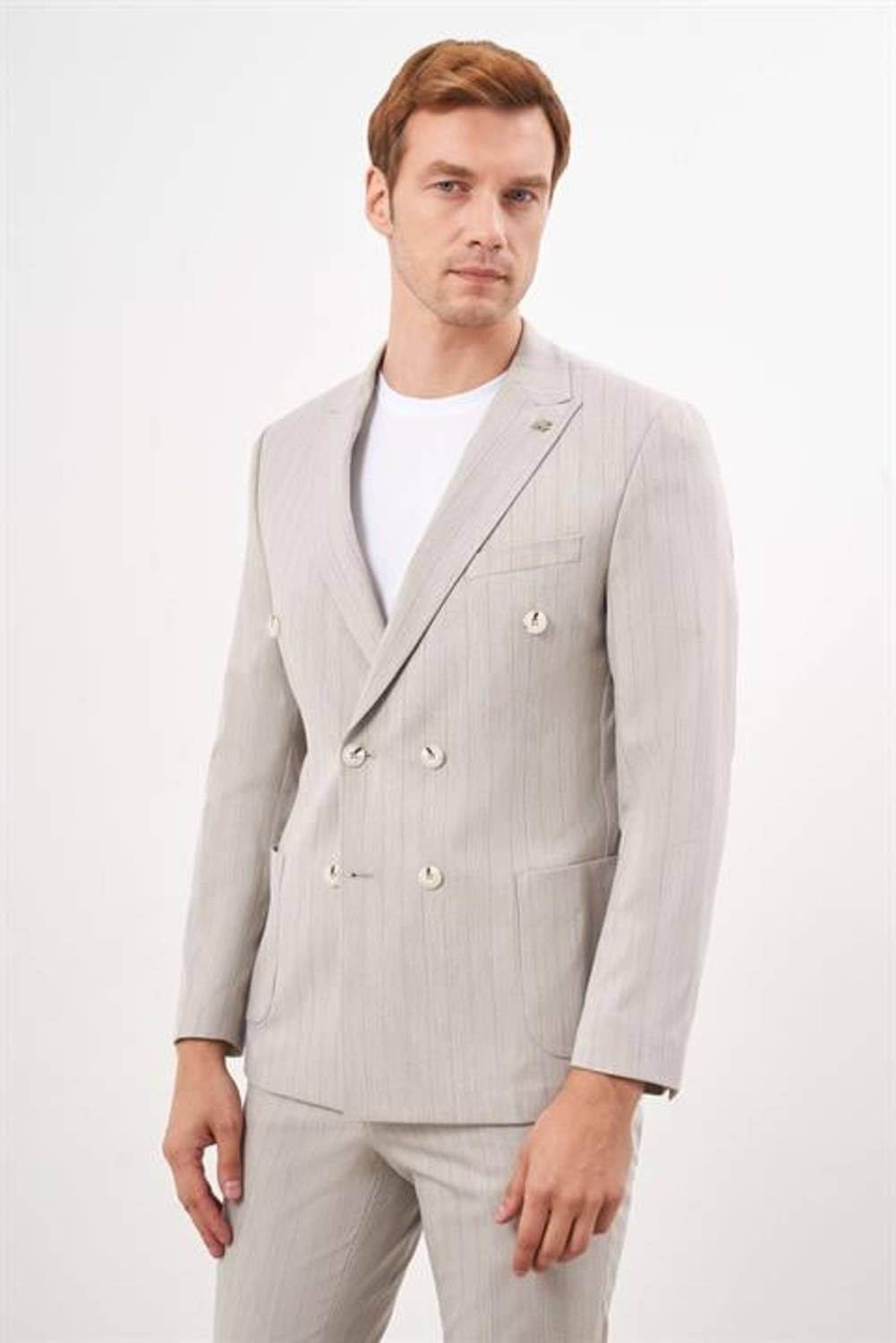 Мужской бежевый поливискозный стильный костюм с острым воротником и узким кроем, 64% полиэстер, 34% вискоза, 2% лайкра