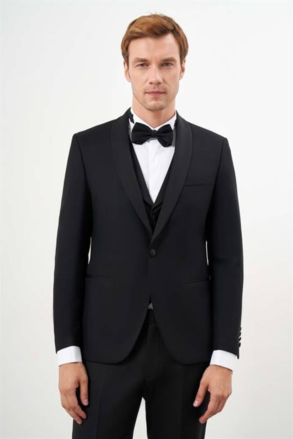 بدلة زفاف رجالية باللون الأسود من مورفين، تصميم سمارت فيت، ياقة شال، قماش بوليفيسكون بنسبة 64% بوليستر و34% فيسكوز