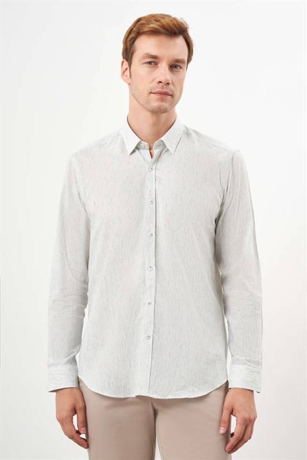 Morven Erkek Çağla Yeşili Pamuk Çizgili-Panolu İtalyan Yaka Regular Fit Gömlek