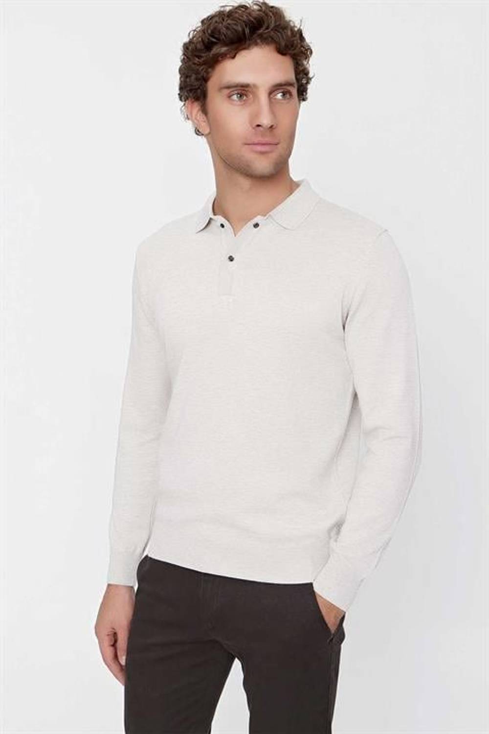 Основной динамичный поло-воротник трикотажный свитер для мужчин, 50% хлопок, 50% акрил, длинные рукава, без карманов, бежевая расцветка