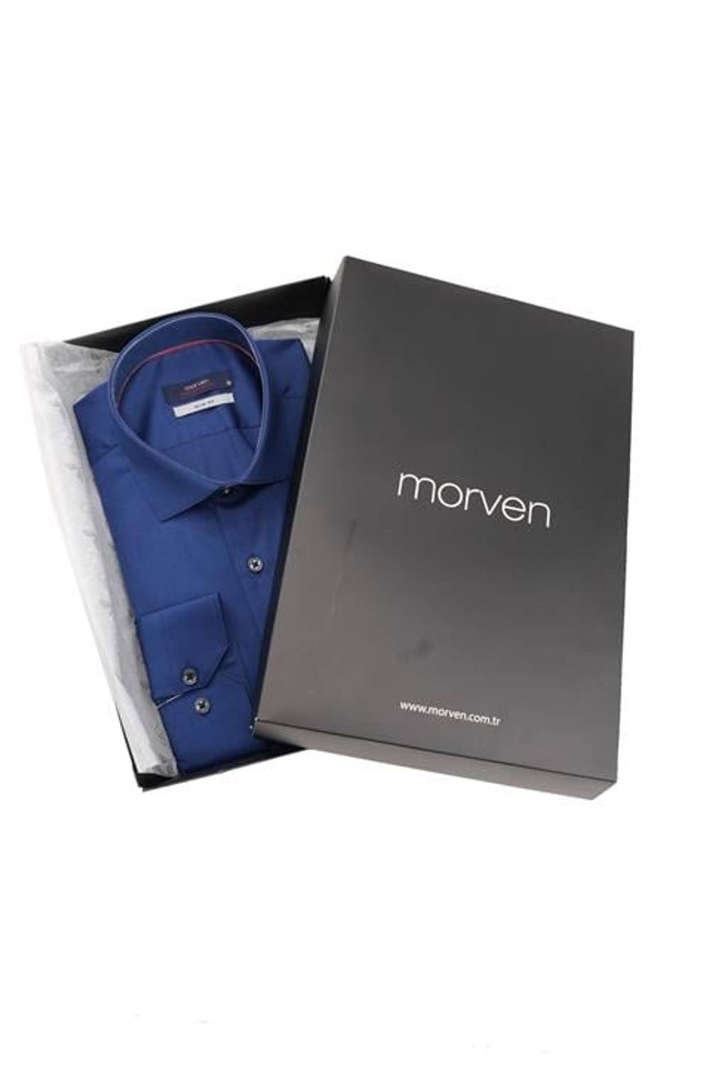 Темно-синий мужская рубашка slim fit с жестким воротником, без карманов, легкая в глажке, в подарочной упаковке