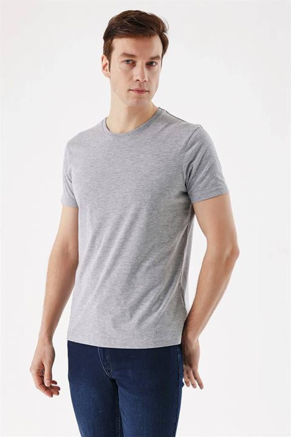 Men's Gray Basic Slim Fit Round Neck Short Sleeve T-Shirt 100% Cotton