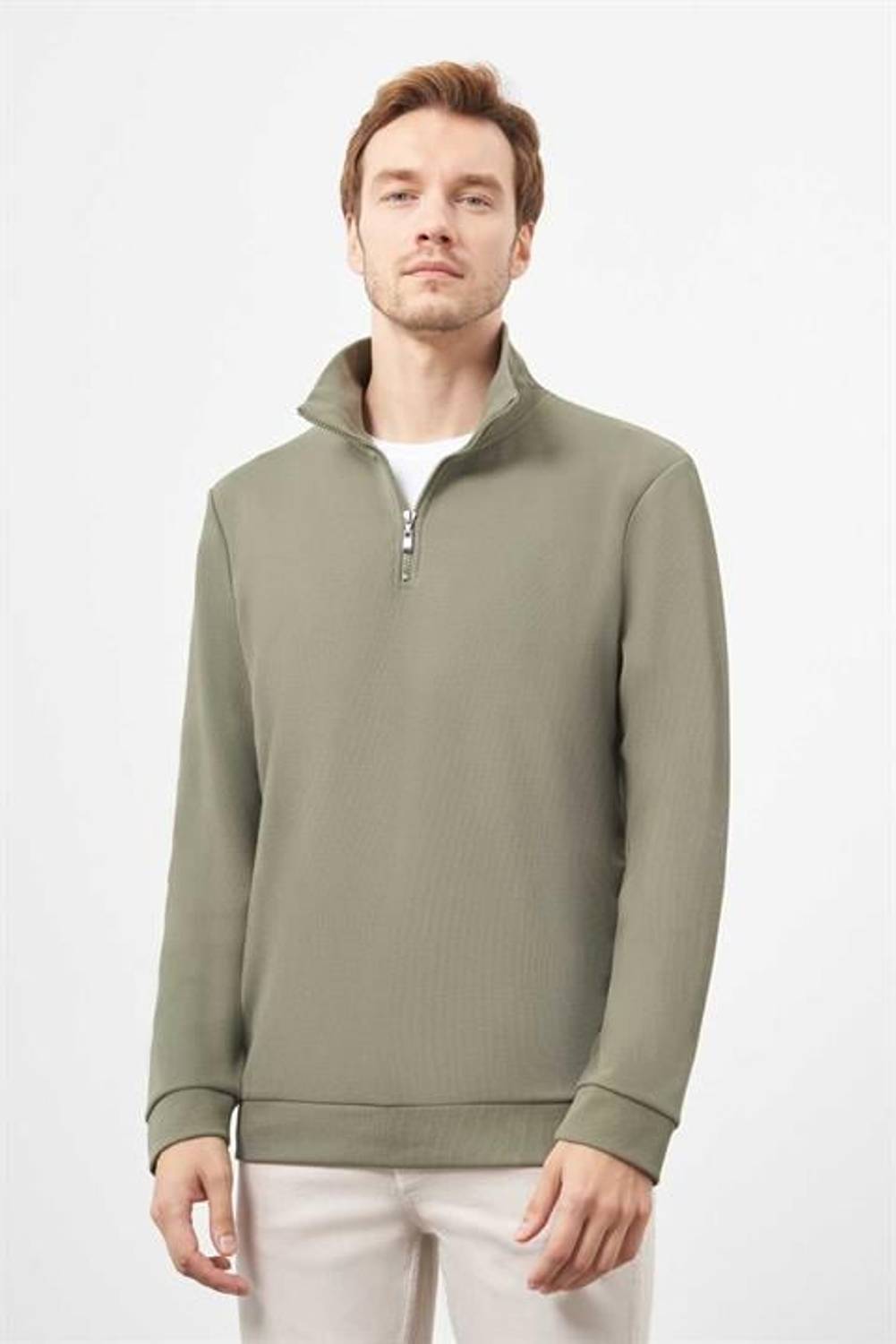 سويت شيرت رجالي أخضر بلون هكي بسحاب على شكل قبة ديناميكي مع قماش مريح من 59% بوليستر و36% قطن و5% إليستين