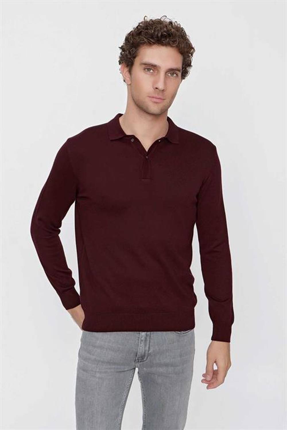 Men's Dynamic Fit Casual Polo Neck Knit Sweater in Dark Burgundy with Long Sleeves and Button Detail