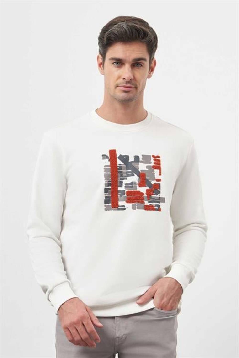 Morven Erkek Beyaz Trend Bisiklet Yaka Sweat-Shirt