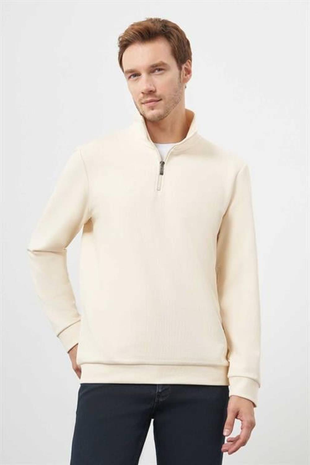Morven Erkek Ekru Fermuarlı Bato Yaka Sweat-Shirt