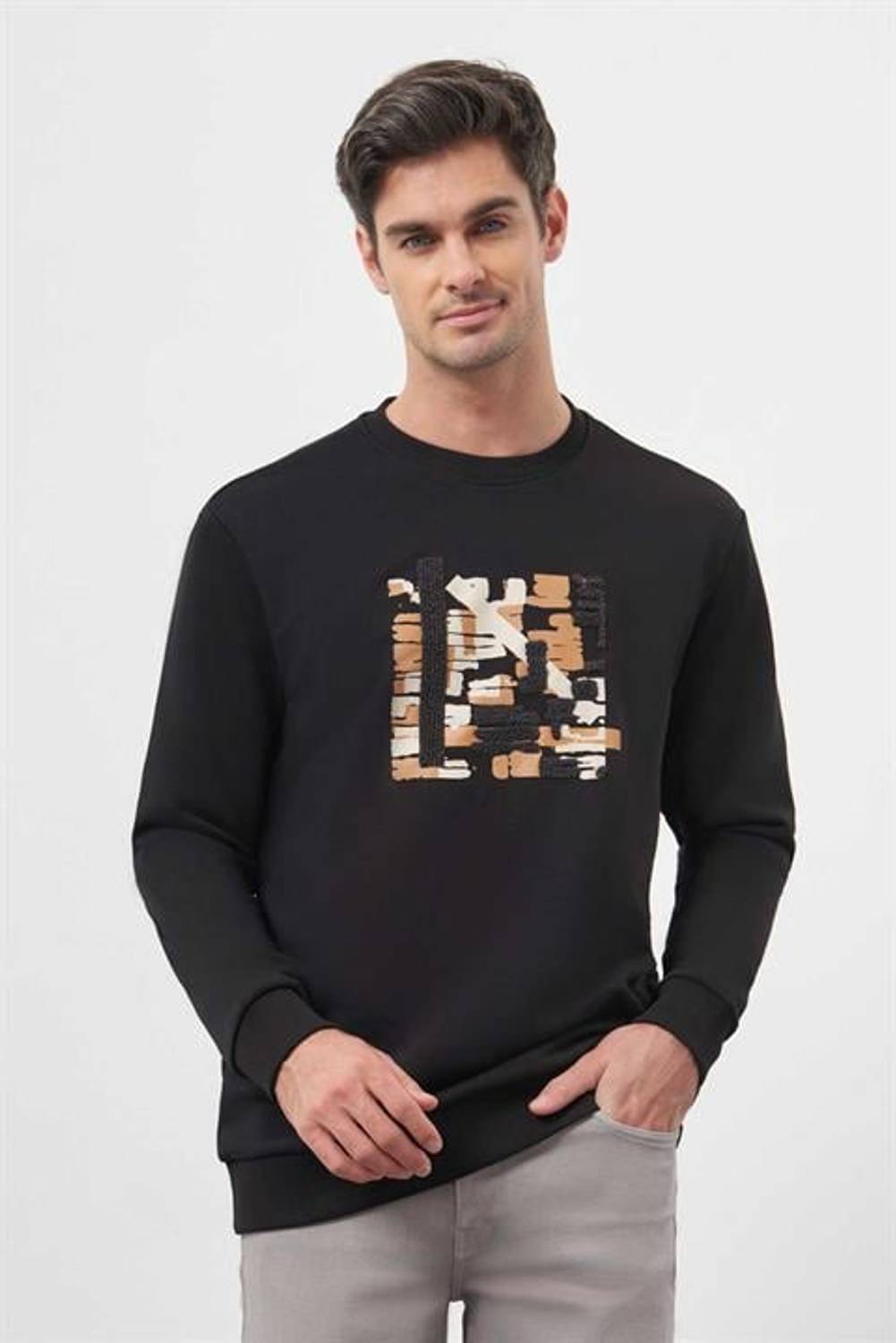 Morven Erkek Siyah Trend Bisiklet Yaka Sweat-Shirt