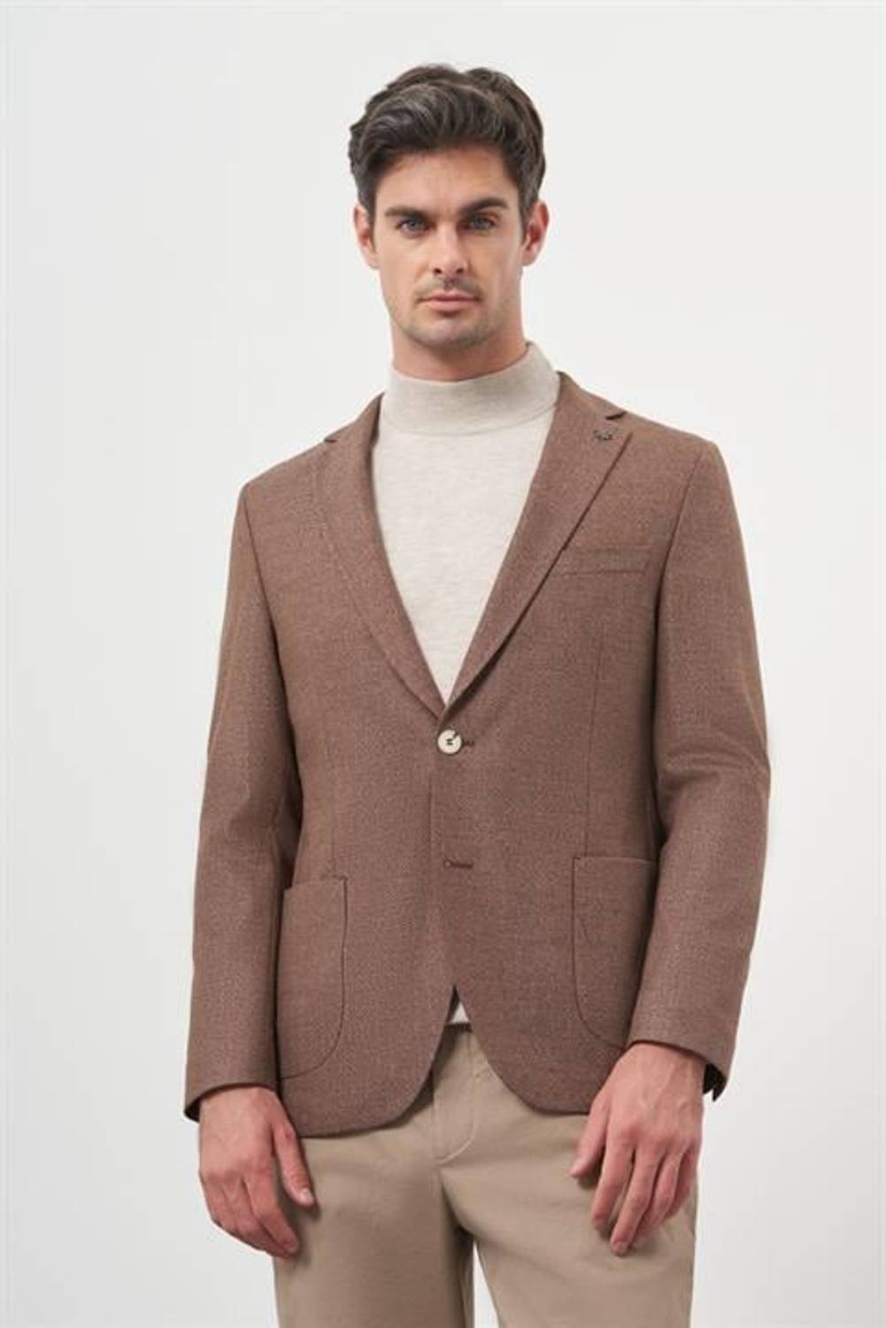 Morven Erkek KAHVE Dokuma Slim Fit Mono Yaka Ceket