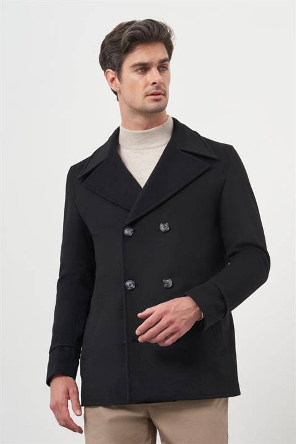 Мужской черный кашемировый пальто с узким воротником Dynamic Fit, 75% шерсть, двубортное, с подкладкой, длинный рукав, боковые карманы