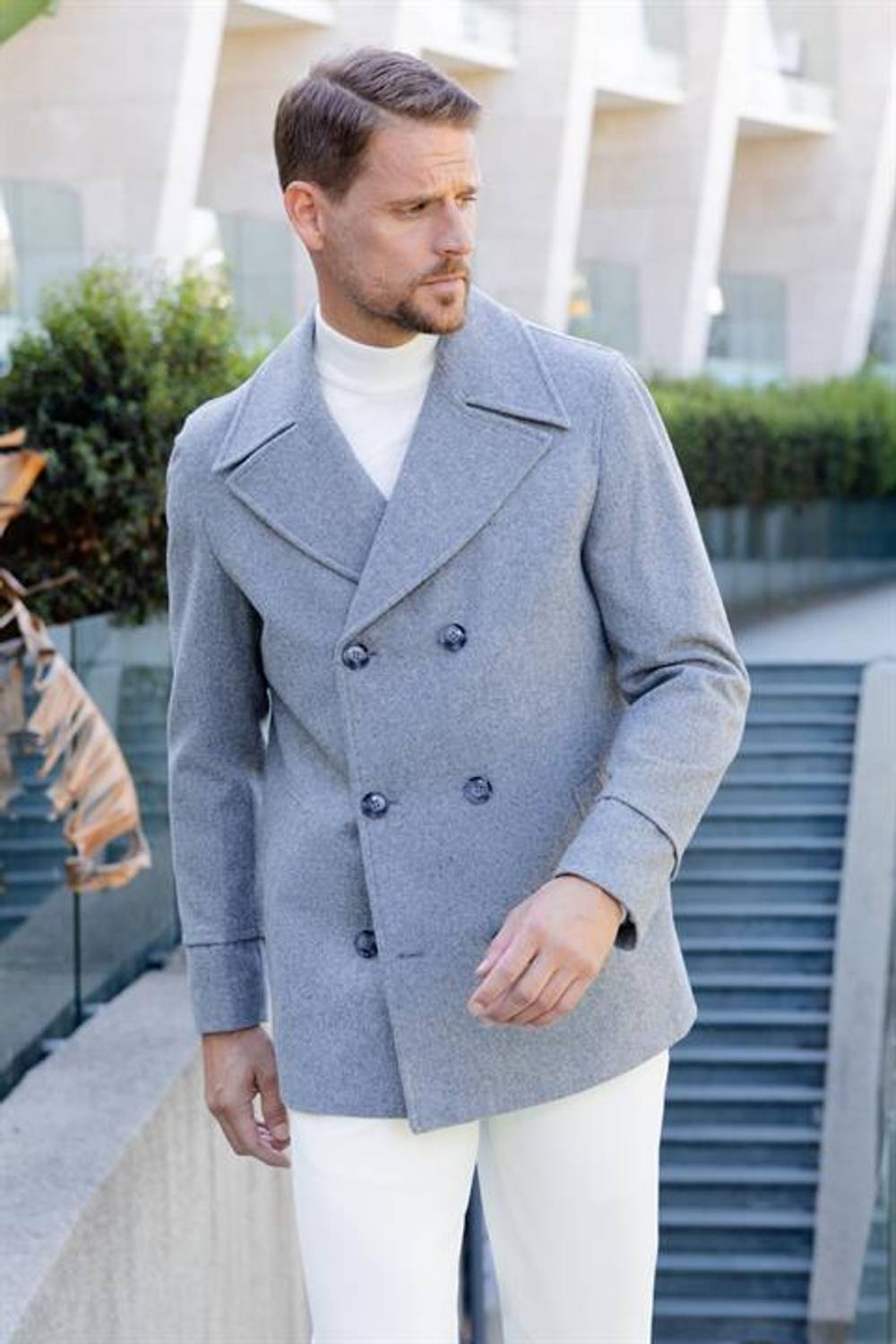 Morven Erkek Gri Yünlü Kruvaze Dynamic Fit Sivri Yaka Kaban