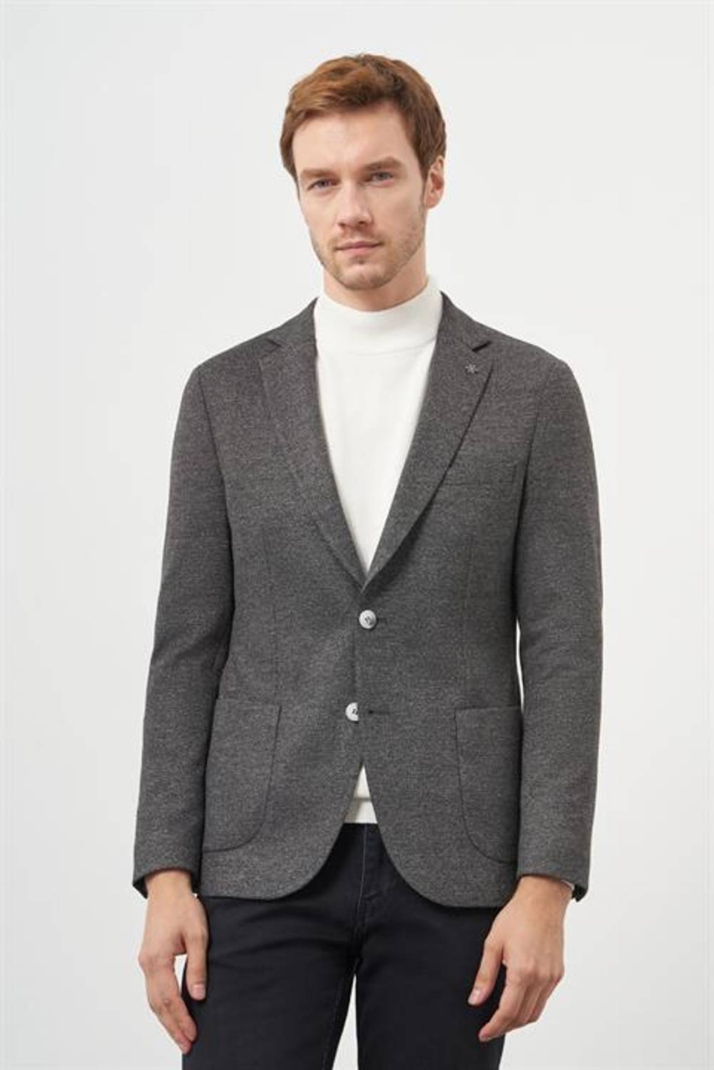 جاكيت رياضي أسود ضيق من مرفن للرجال مع ياقة نموذجية، جيب حقيبة، غير مبطن، بأكمام طويلة وبسكون مزدوج