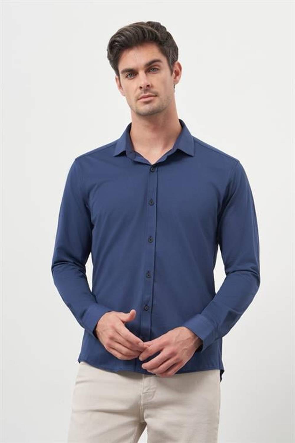 Morven Erkek Lacivert Trend Slim Fit İtalyan Yaka Gömlek