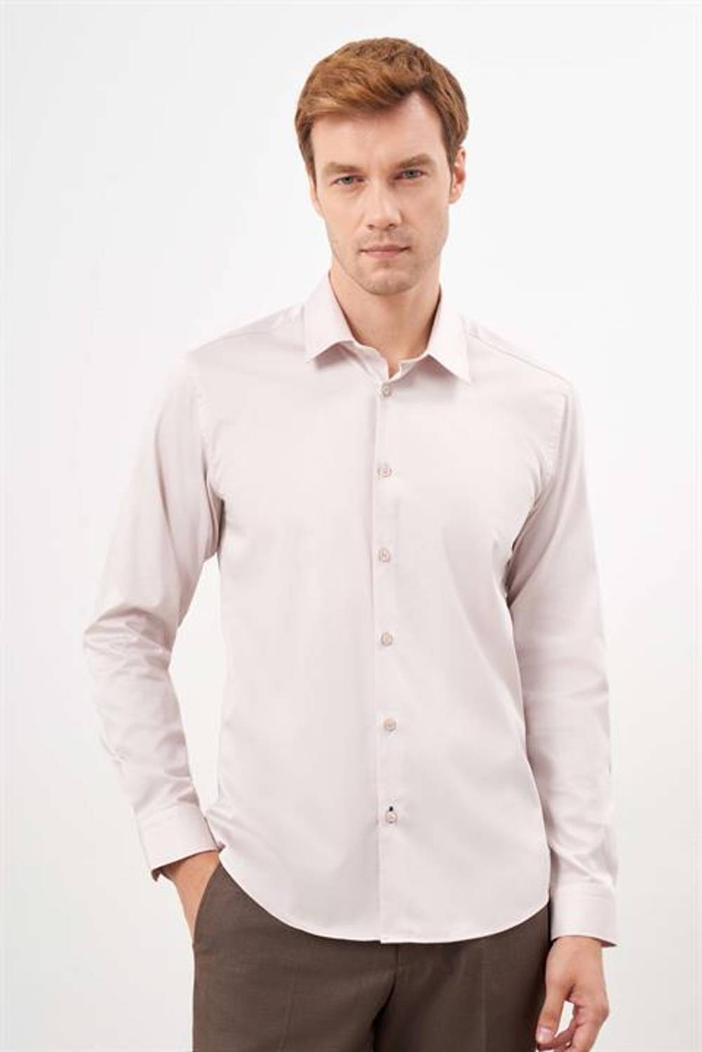 Morven Erkek Bej Pamuk Düz Desen Sert Yaka Slim Fit  Gömlek