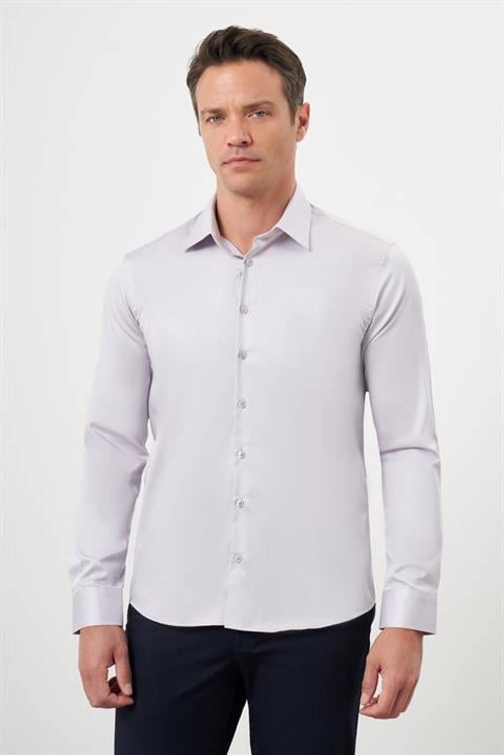 Morven Erkek Gri Pamuk Düz Desen Sert Yaka Slim Fit  Gömlek