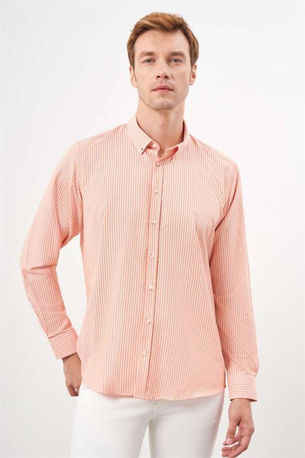 Morven Erkek Turuncu Trend Çizgili Panolu Düğmeli Yaka Regular Fit Gömlek