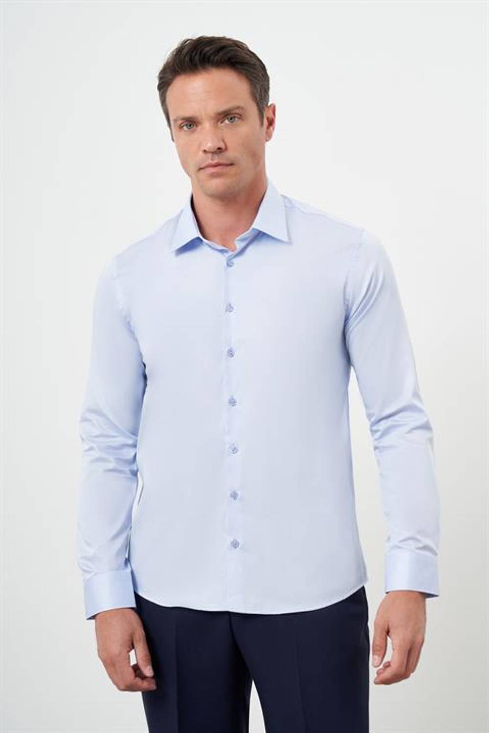 Morven Erkek A. MAVİ Pamuk Düz Desen Sert Yaka Slim Fit  Gömlek