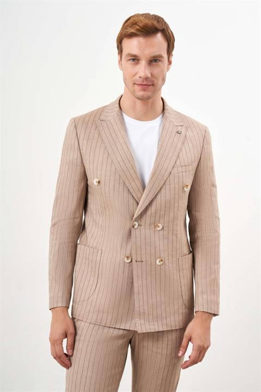 Morven Erkek Vizon Keten Trend Kruvaze Slim Fit Sivri Yaka Takım Elbise