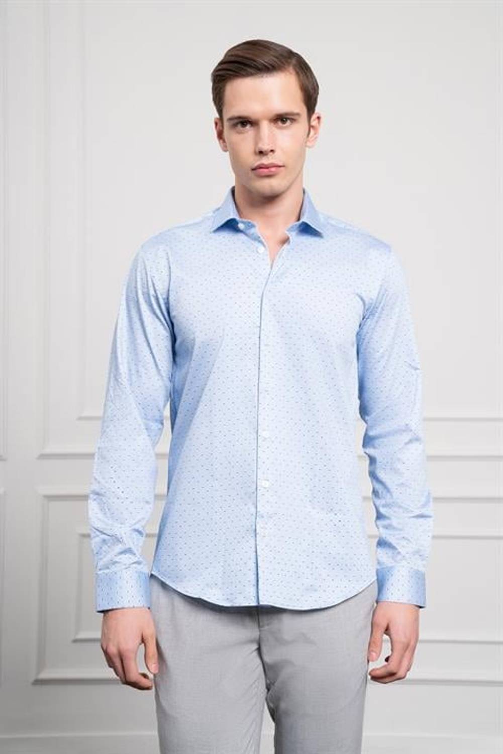 Morven Erkek A. MAVİ Pamuk Baskılı Desenli  İtalyan Yaka Slim Fit Gömlek