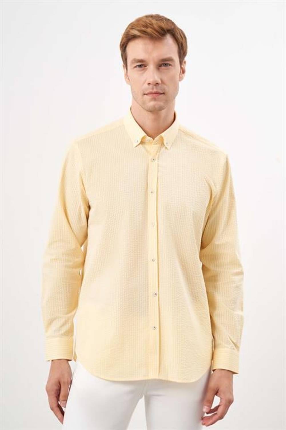Morven Erkek Sarı Pamuk Çizgili Panolu Düğmeli Yaka Regular Fit Gömlek